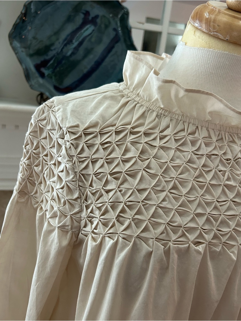 Merlette Majorelle Cream Smocked Yoke Blouse with a Elegant Ruffle Neck - Picture 5 of 12